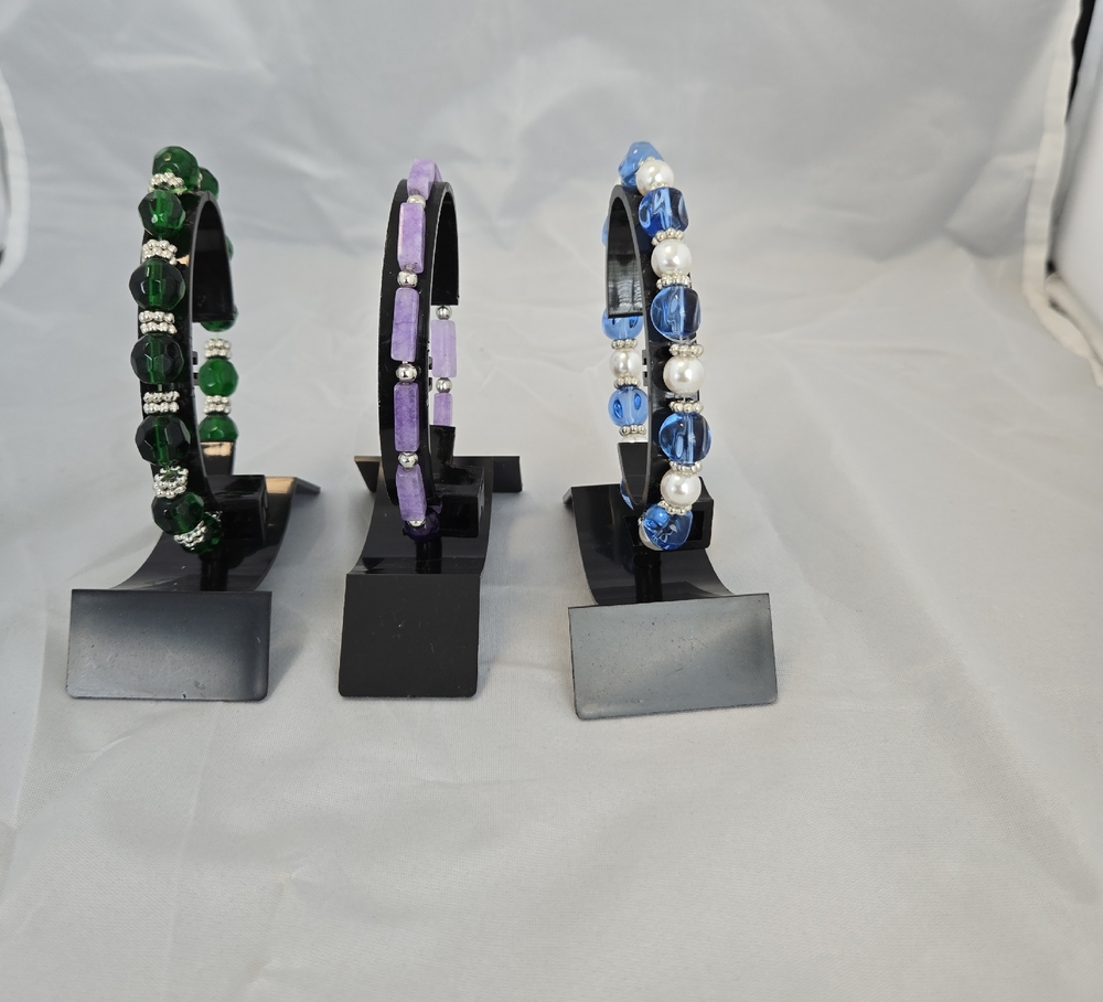 Handmade Stretch Beaded Bracelets – Elegant Trio in Green, Purple